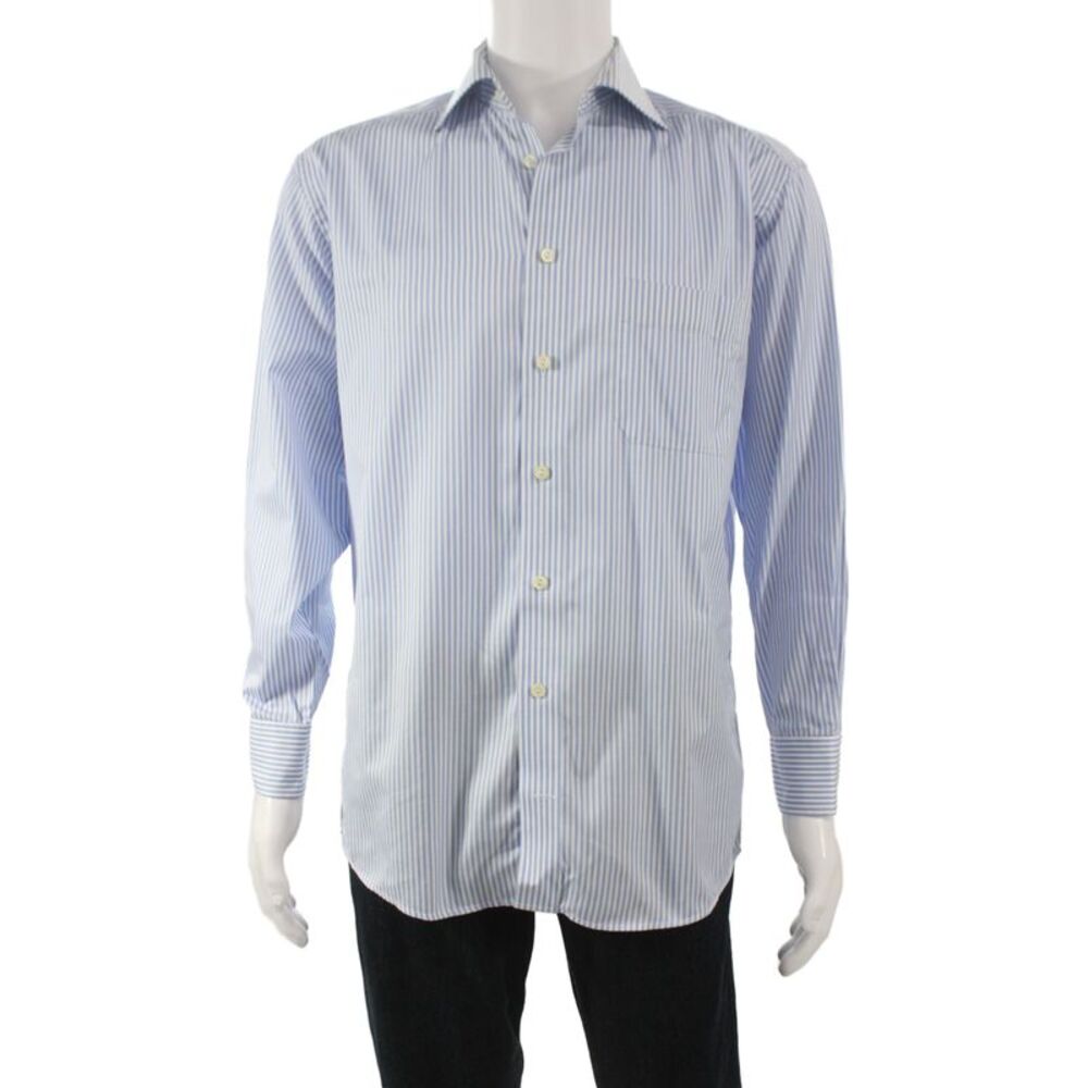 Eton Mens Classic Blue Striped Cotton Dress Shirt Long Sleeve Size 15.5